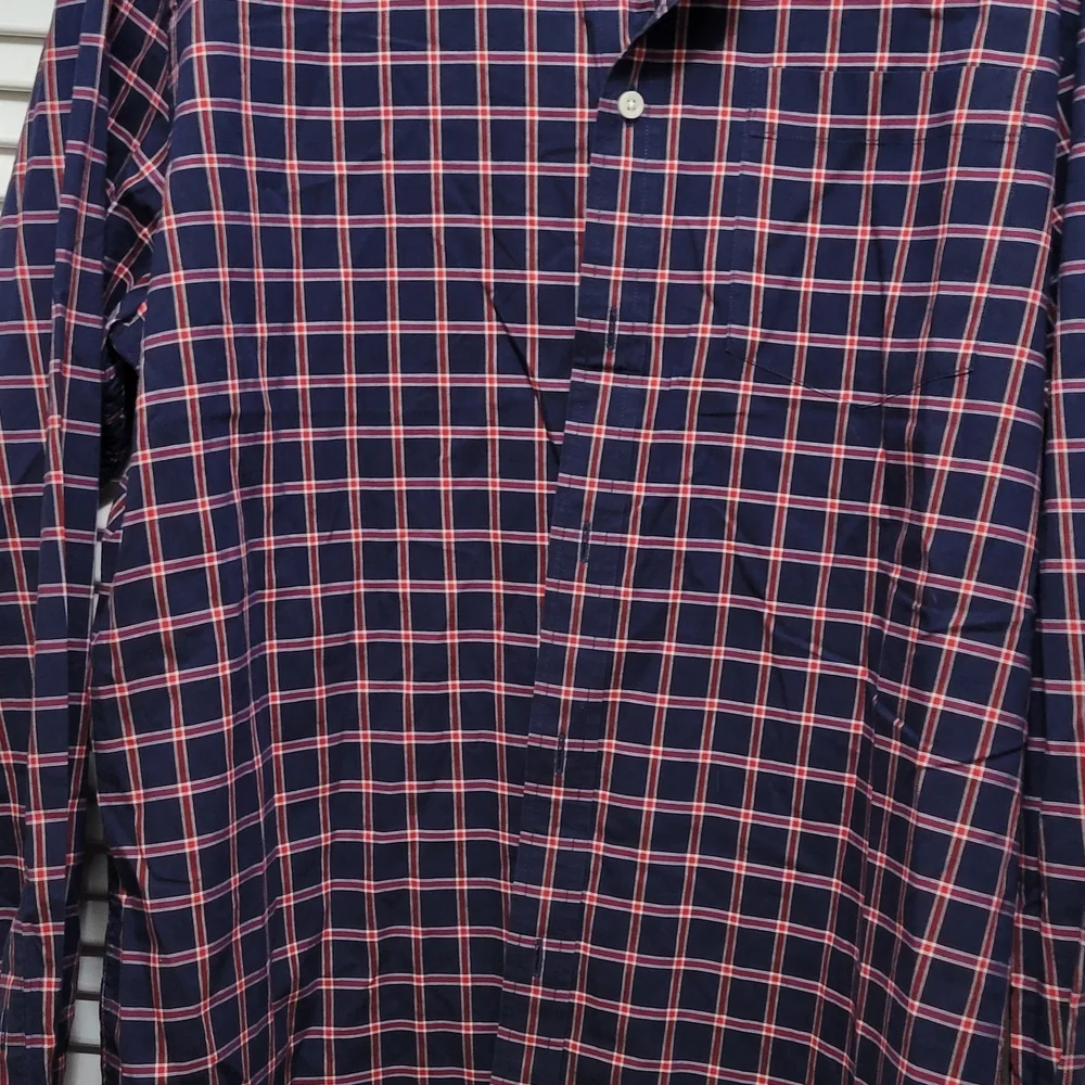 Banana Republic Men's Navy and Pink Checkered Shirt Long Sleeve